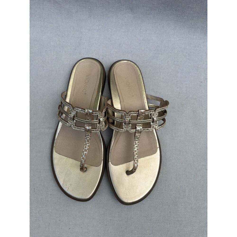 Vionic Alvana Gold Leather Thong Sandals Flat Heeled Size 8 - Picture 2 of 11